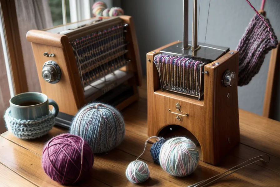 Brother Strickmaschine Nadelposition B: Nadeln in Arbeitsstellung mit eingehängtem Garn am Nadelbett.