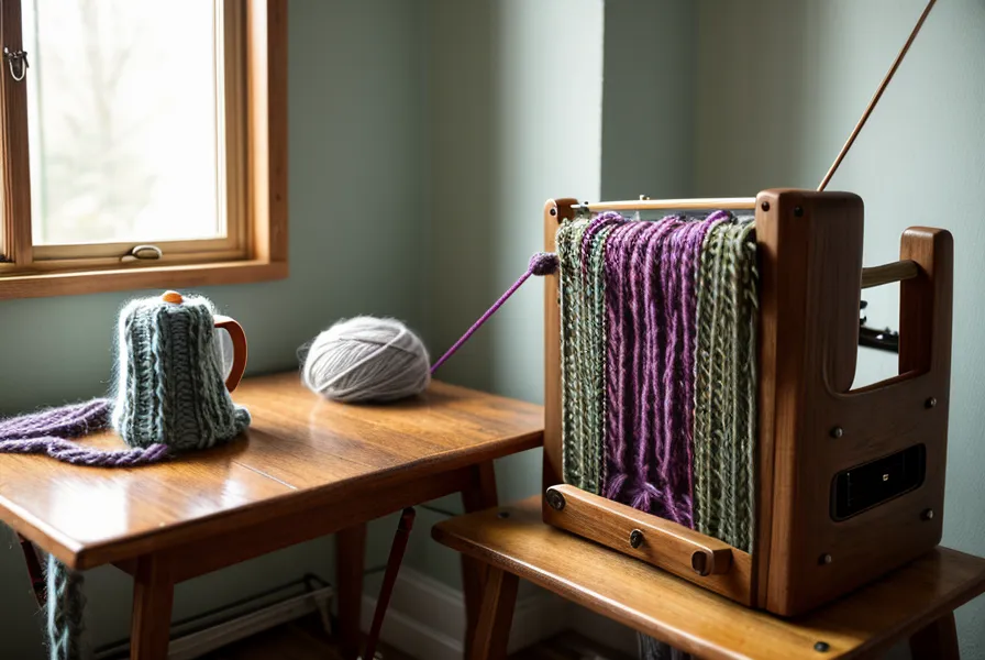 Maschinenstricken Anfängerin sortiert fertige Strickstücke und Wollreste für die richtige Aufbewahrung