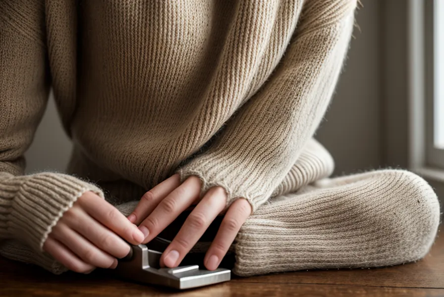 Hände schneiden vorsichtig die Seitennaht eines alten Strickpullovers auf, um die gebrauchte Wolle fürs Aufribbeln vorzubereiten.