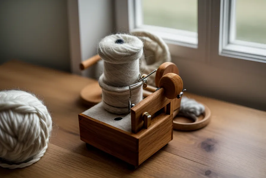 Manueller Wollwickler mit einer 100g Portion recyceltem Garn und einem Paraffinring für die Brother Strickmaschine.