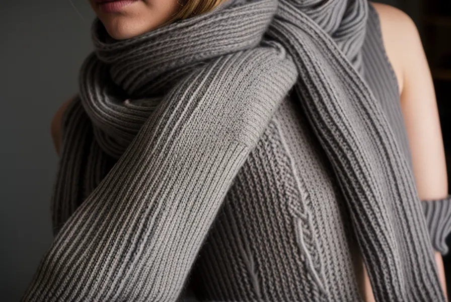 Die ersten gleichmäßigen Reihen eines Schals aus recycelter, aufgeribbelter Wolle auf der Strickmaschine für Anfänger.