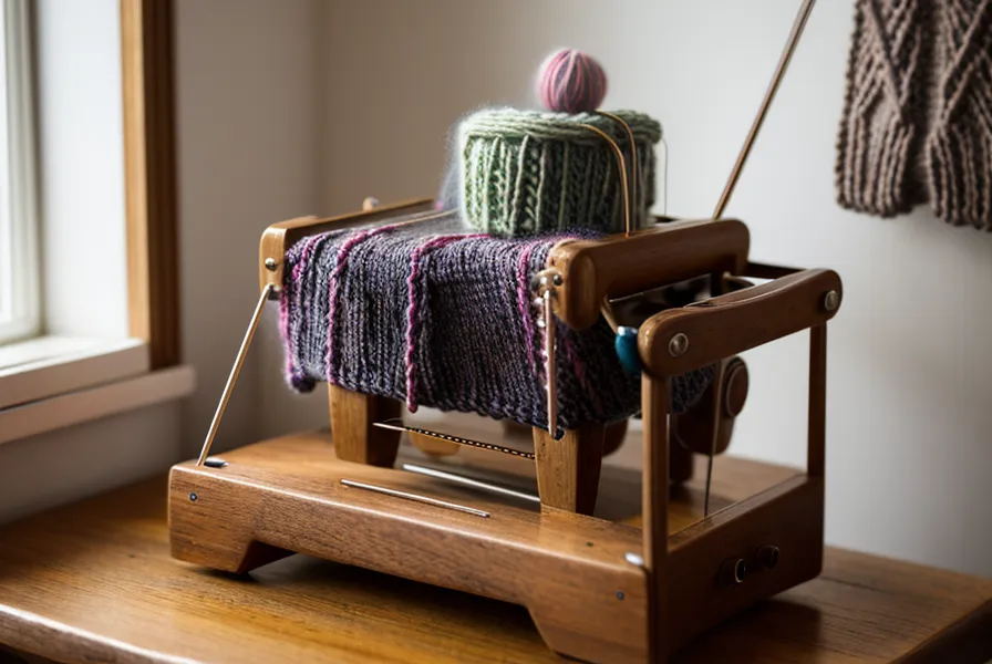 Nahaufnahme der Brother Strickmaschinennadeln mit dunkler Wolle im Lichtkontrast – Strick-Tipp zur Arbeitsplatz-Beleuchtung für Maschinenstricken-Anfänger