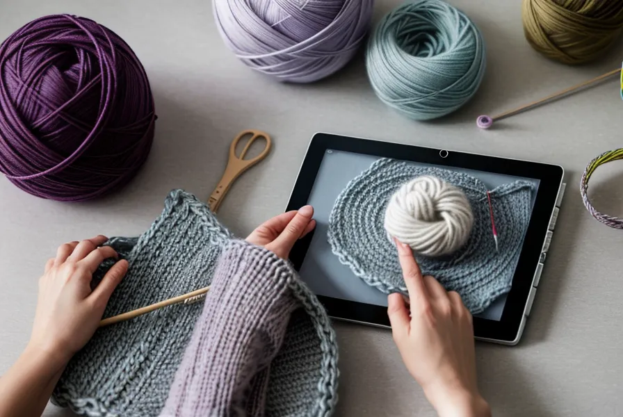Tablet mit Strickkurs neben dem Schlitten einer Strickmaschine zur Fehlerbehebung.