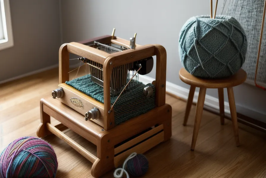 Begonnenes Norwegermuster an den Nadeln einer Strickmaschine, zweifarbiges Muster in Arbeit