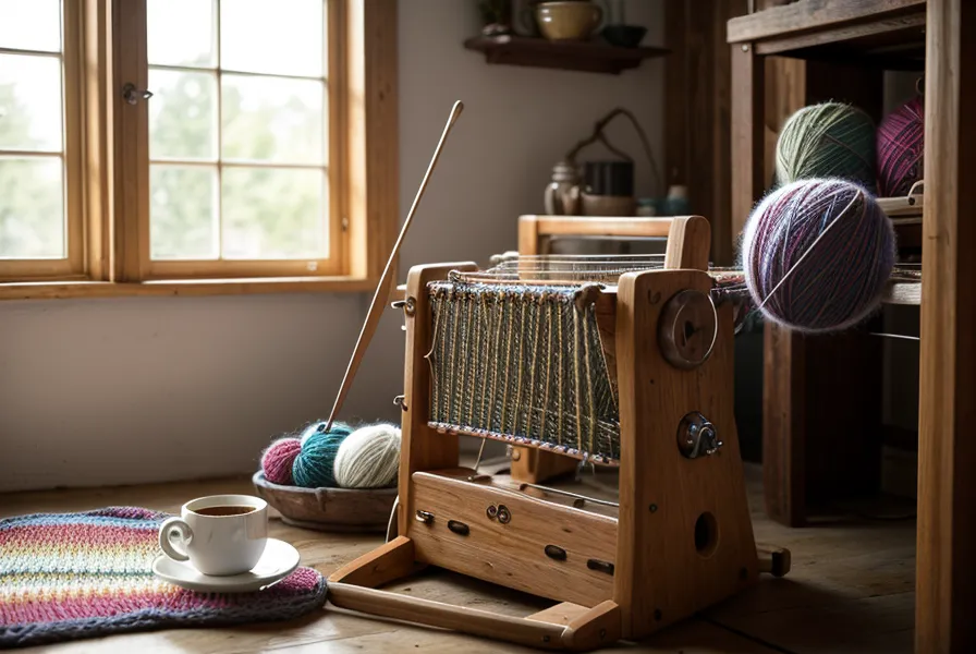 Nahaufnahme der Nadeln einer Brother KH-Serie Strickmaschine, bei der sich günstige Wolle um mehrere Nadeln gewickelt hat