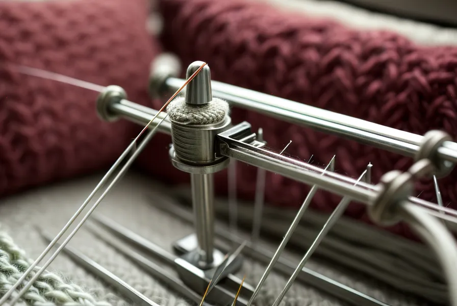 Nahaufnahme des Nadelbetts einer Brother Strickmaschine mit 200 Nadeln im 4,5-Millimeter-Abstand