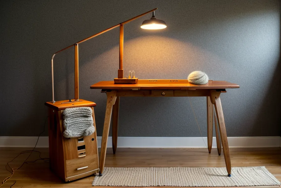 Stabiler Tisch mit Strickmaschine und LED-Klemmlampe: Strickmaschine richtig einrichten für einen entspannten Rücken