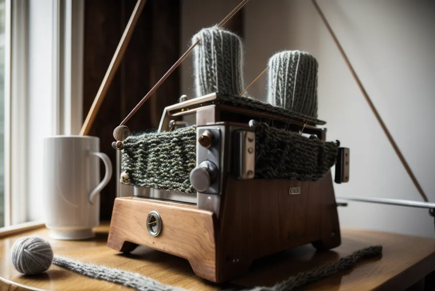 Randmaschen an der Strickmaschine ohne lose Schlaufen stricken – Nahaufnahme der Nadelreihe am Rand
