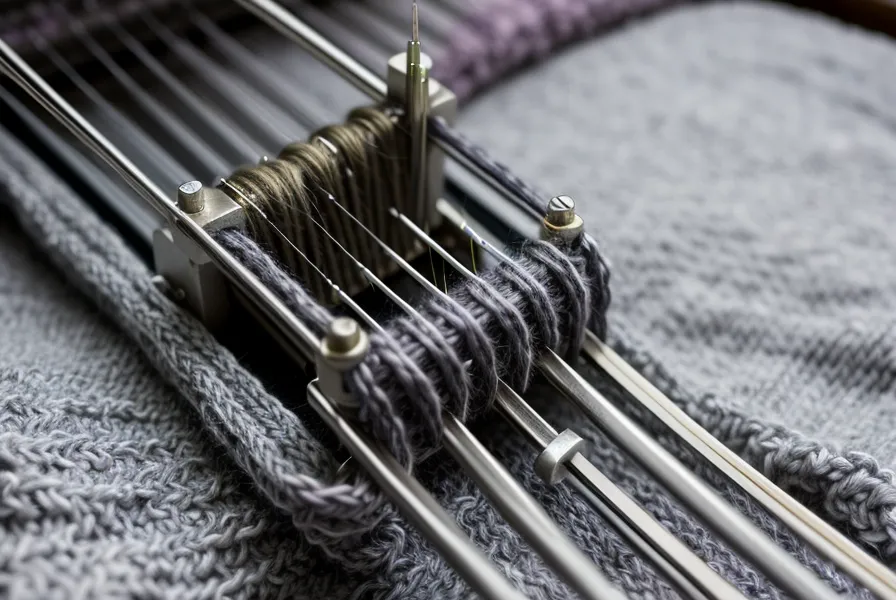 Nahaufnahme der Randnadel einer Strickmaschine mit angehängtem Krallengewicht gegen lose Randmaschen