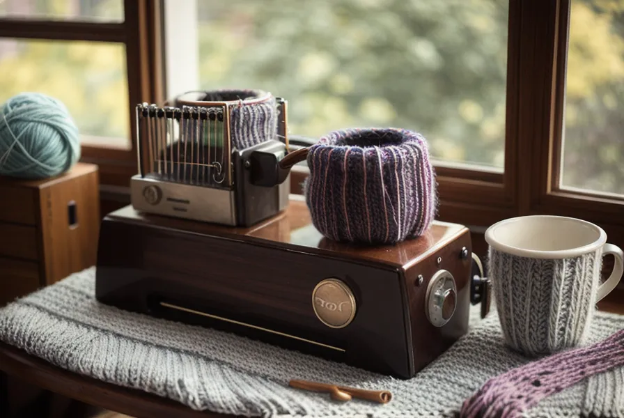 Fadenspannungseinheit einer Strickmaschine mit eingefädeltem Garn beim Stricken von Randmaschen