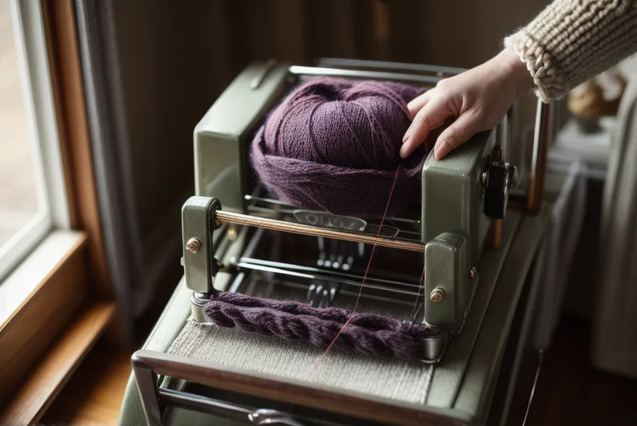 Hände schieben die Randnadel einer Strickmaschine manuell in die E-Position für saubere Randmaschen