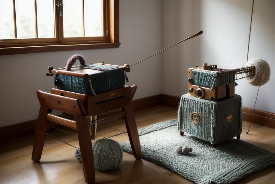 Feuchtes Tuch auf einem Garnkonus als Trick gegen statische Aufladung und für besseren Fadenlauf beim Maschinenstricken