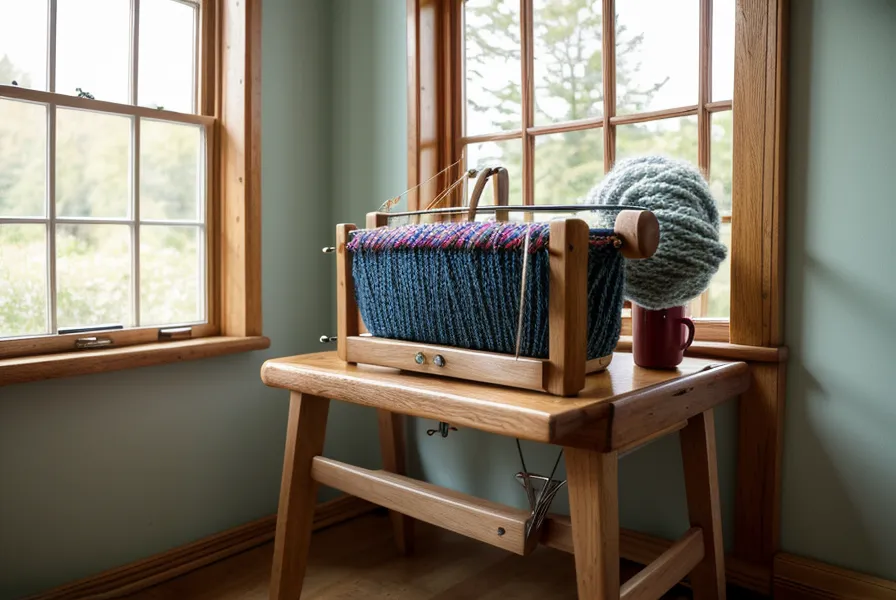 Fertig gestrickter Streifenschal aus Wollresten mit sauberem Farbwechsel, Ergebnis fürs Maschinenstricken