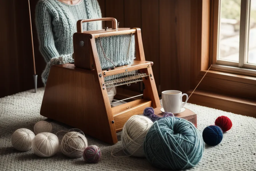 Nahaufnahme des Schlittens einer Brother-Strickmaschine neben einer aufgeschlagenen Strickanleitung mit Symbolen zum Strickmuster-Lesen