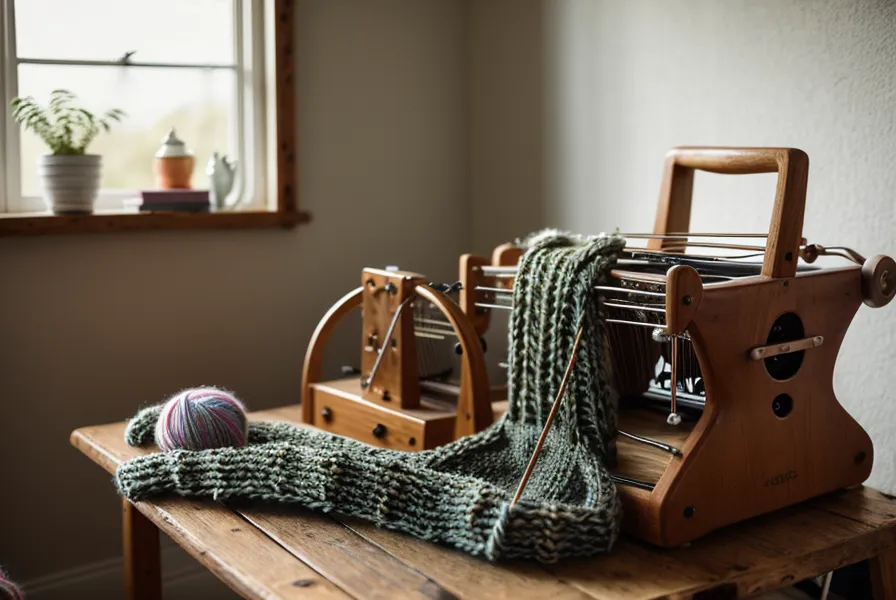 Kleine Krallengewichte an einem gestrickten Stück der Brother Strickmaschine eingehängt