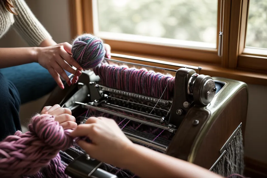 Baumwolle stricken auf der Brother KH840 Strickmaschine – Nahaufnahme der Nadelreihe mit hellem Garn