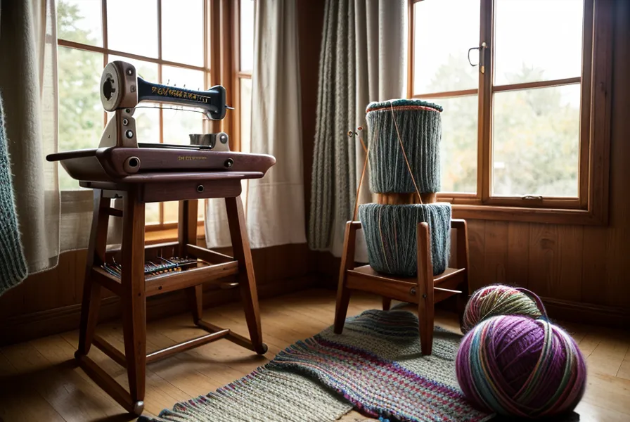 Fabrikknoten im Garn, der sich zwischen den Nadeln der Brother Strickmaschine verfangen hat – typisches Garnproblem für Anfängerinnen beim Maschinenstricken