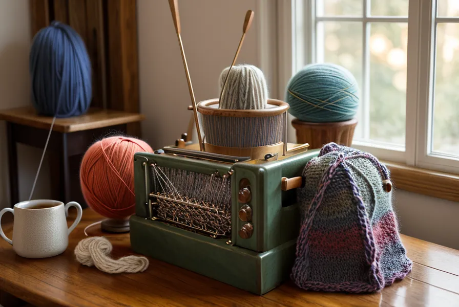 Krallengewichte hängen am Rand des Strickstücks, um Randmaschen an der Strickmaschine zu sichern