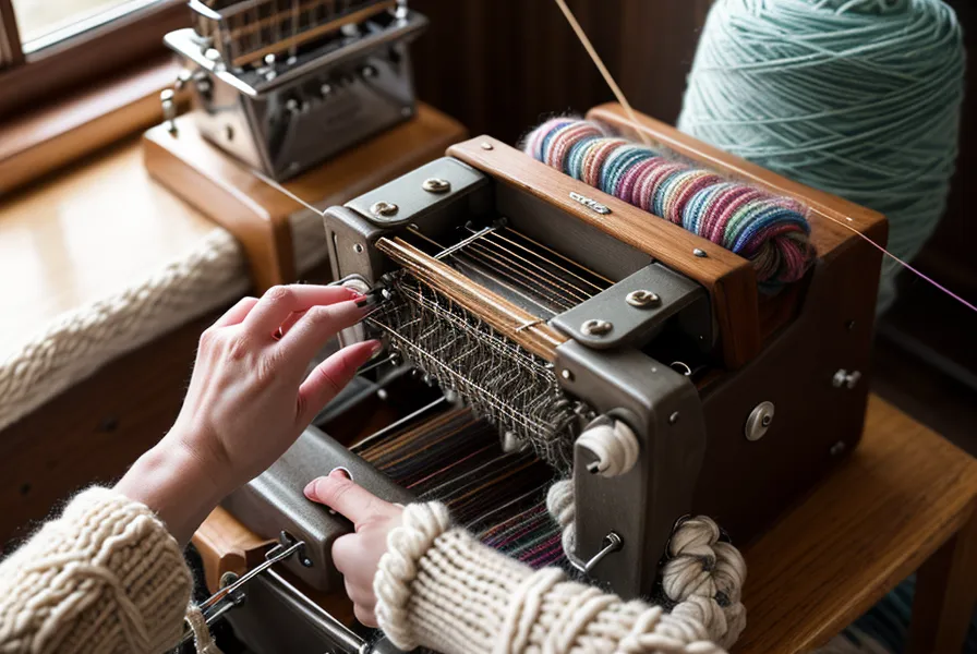 Handgeschriebenes Lerntagebuch einer Strickmaschinen-Anfängerin neben Wolle und Zubehör