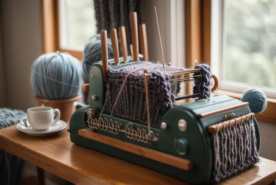 Brother-Strickmaschine mit Nadelbett beim Umsetzen einer Strickmuster-Anleitung im Handarbeits-Tagebuch von Marlies
