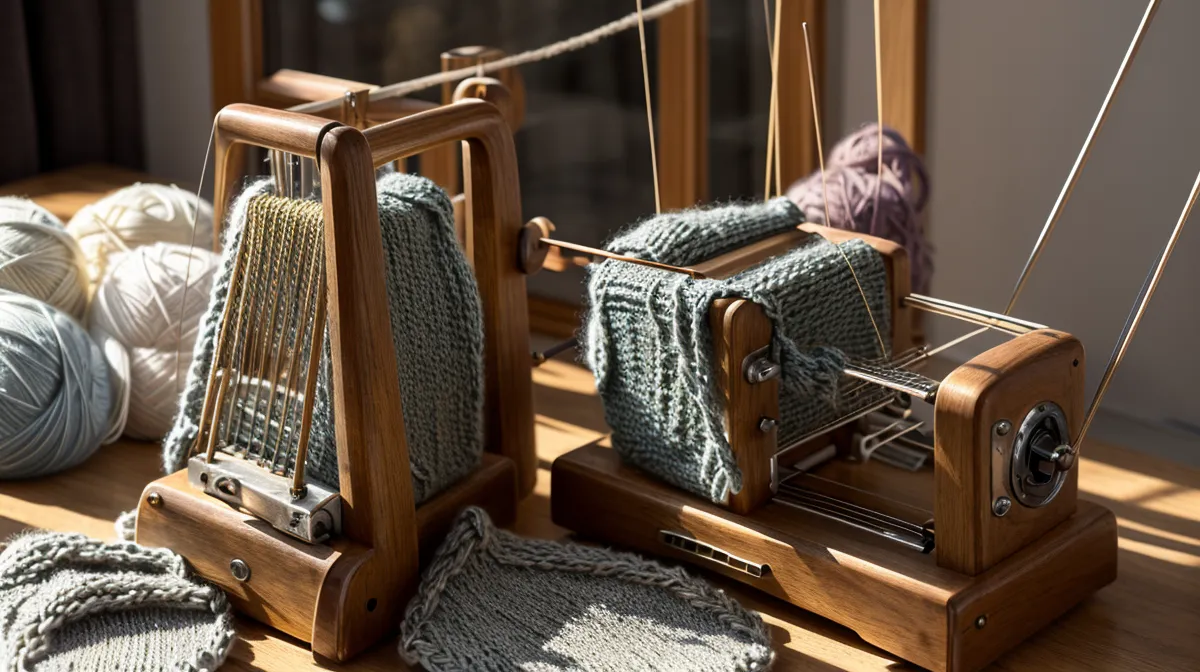 Nadelmechanik einer Strickmaschine verstehen – eine Anfängerin beobachtet den Schlitten ihrer alten Brother beim Maschinenstricken lernen