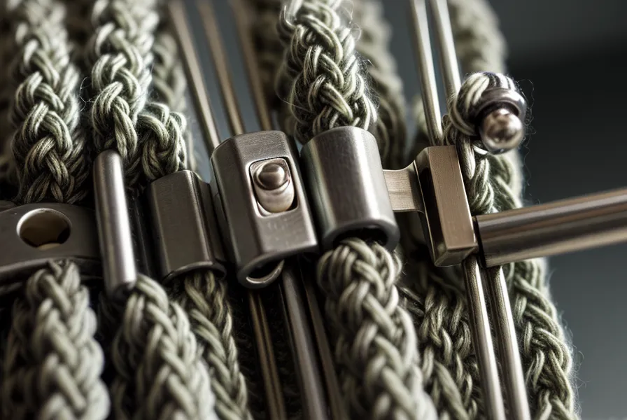 Nahaufnahme einer Zungennadel an einer Brother-Strickmaschine mit Wollfaden – Nadelmechanik im Detail für den Strickmaschinen-Kurs