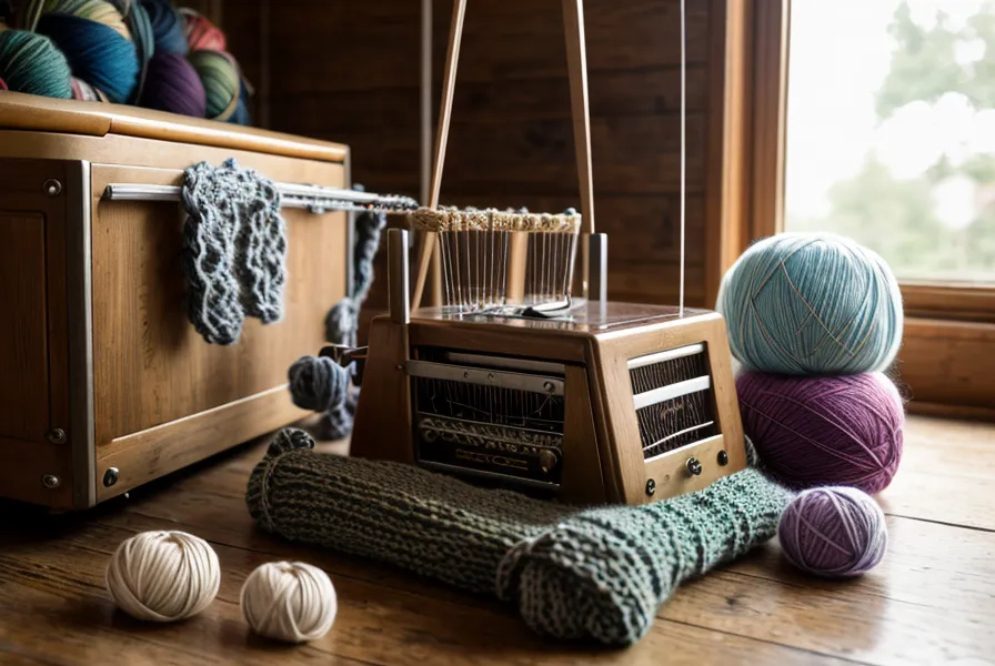 Verhedderte Merinowolle auf dem Boden nach einem unentdeckten Maschinenstrickfehler an der Strickmaschine