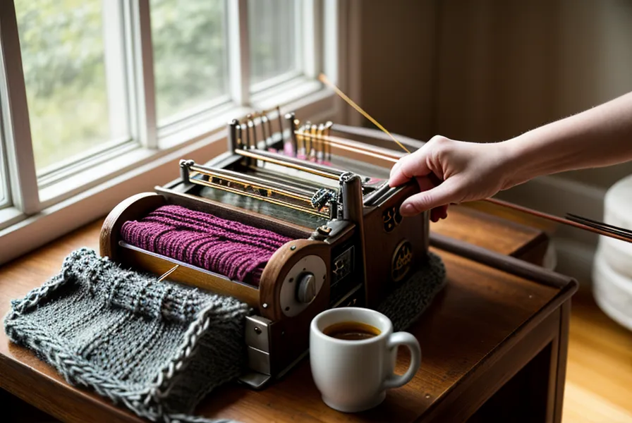 Laptop mit dem Onlinekurs Die gläserne Strickmaschine neben Lerntagebuch und Brother-Strickmaschine