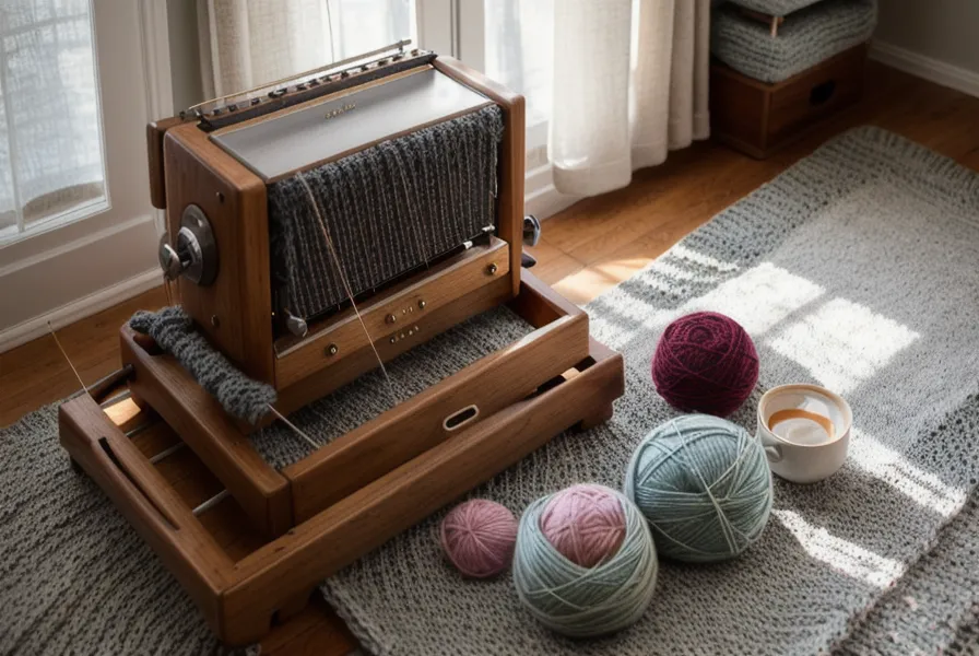 Maschinenstricken Zubehör platzsparend verstaut: Rollwagen mit Organizer-System neben der Brother-KH-Strickmaschine